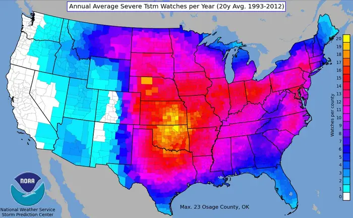 Counties with most thunderstorms watches