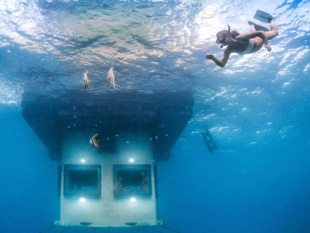 And the finished project. After two weeks of work, The  Manta Resort’s underwater hotel room looks spectacular.