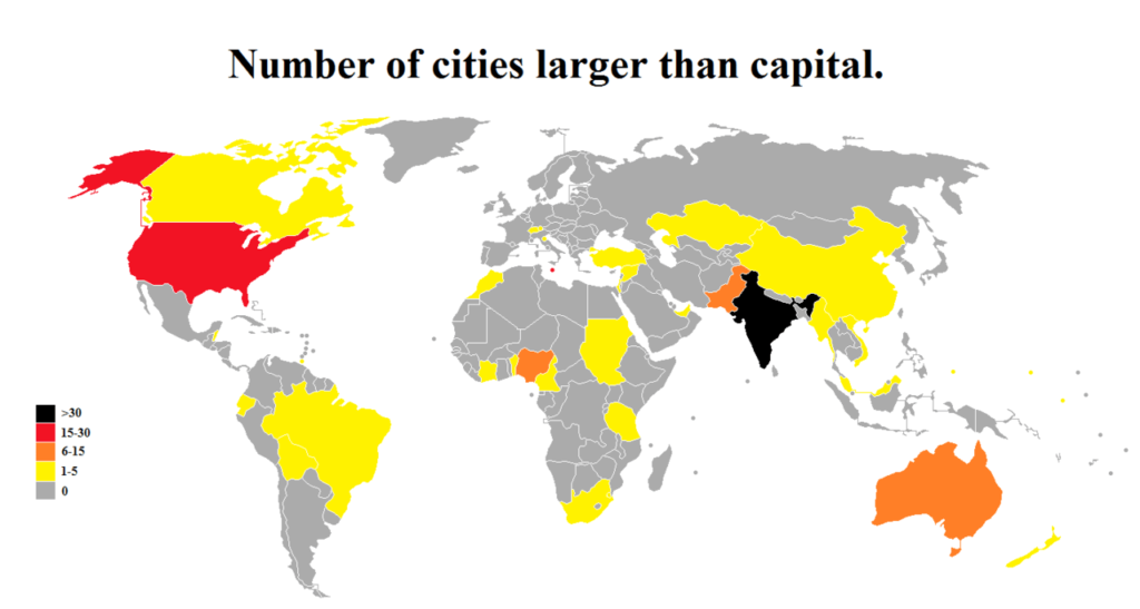 Countries and the number of cities they have that are larger than  the capital